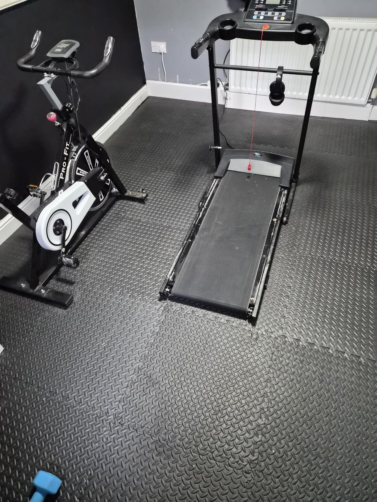 Black interlocking gym flooring mats / 60×60 interlocking floor tiles in a home gym with an exercise bike and treadmill