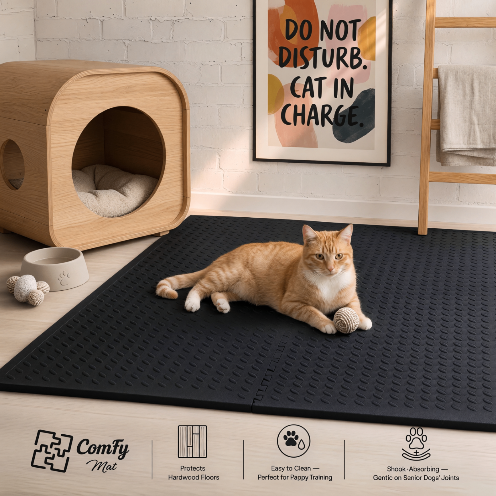 Ginger cat resting on a black ComFy mat