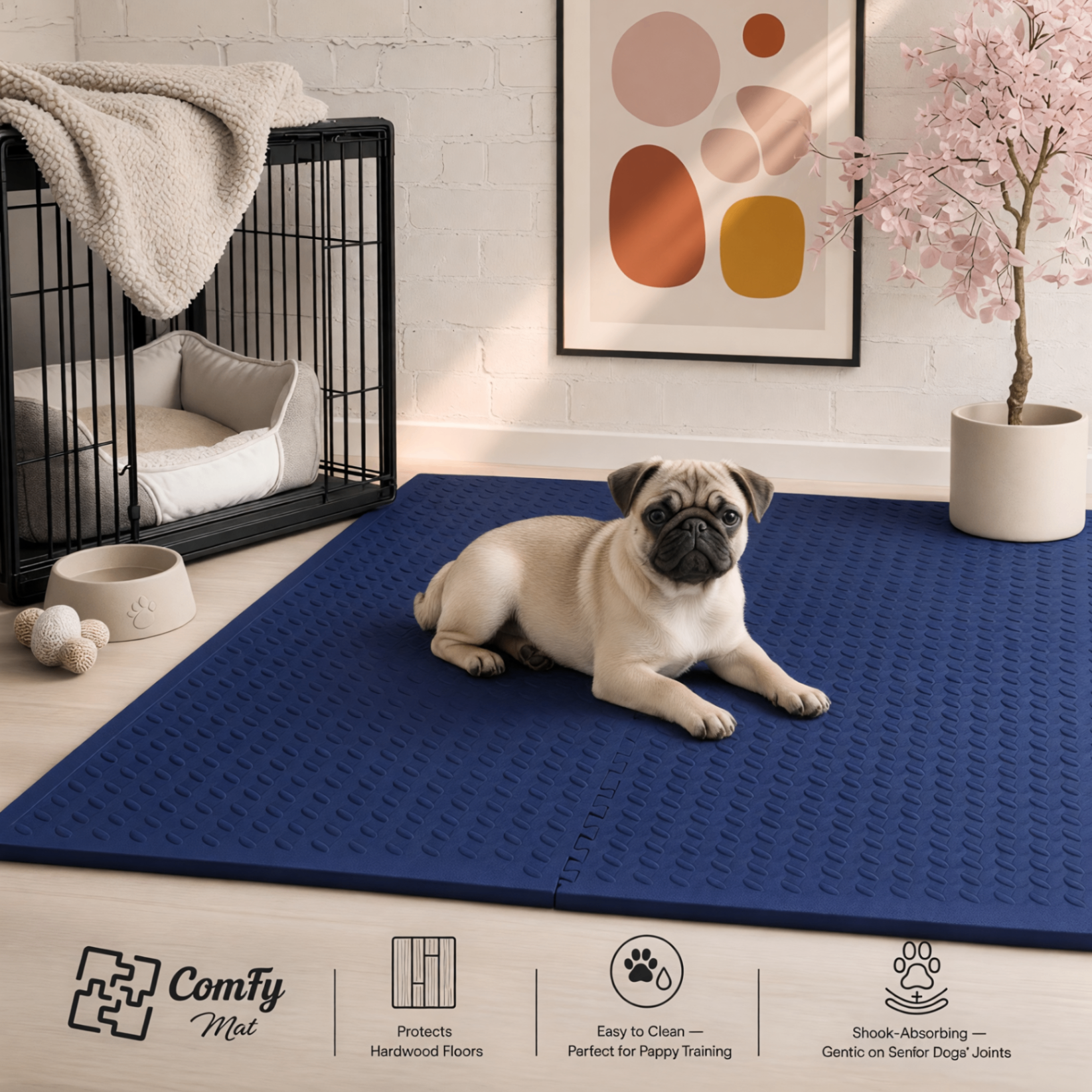 Pug puppy on a navy ComFy mat next to a crate