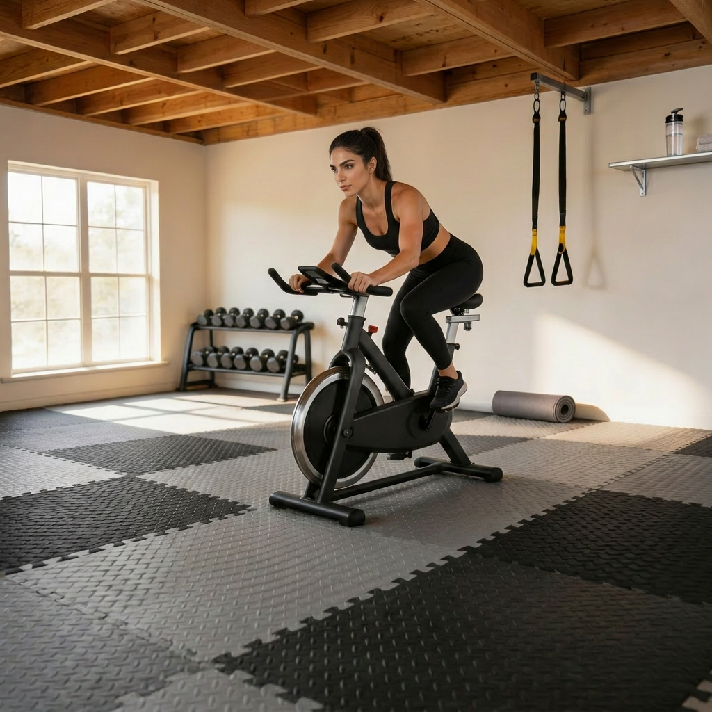 Woman training on a spin bike over 60×60cm interlocking grey and black EVA foam gym mats in a home gym