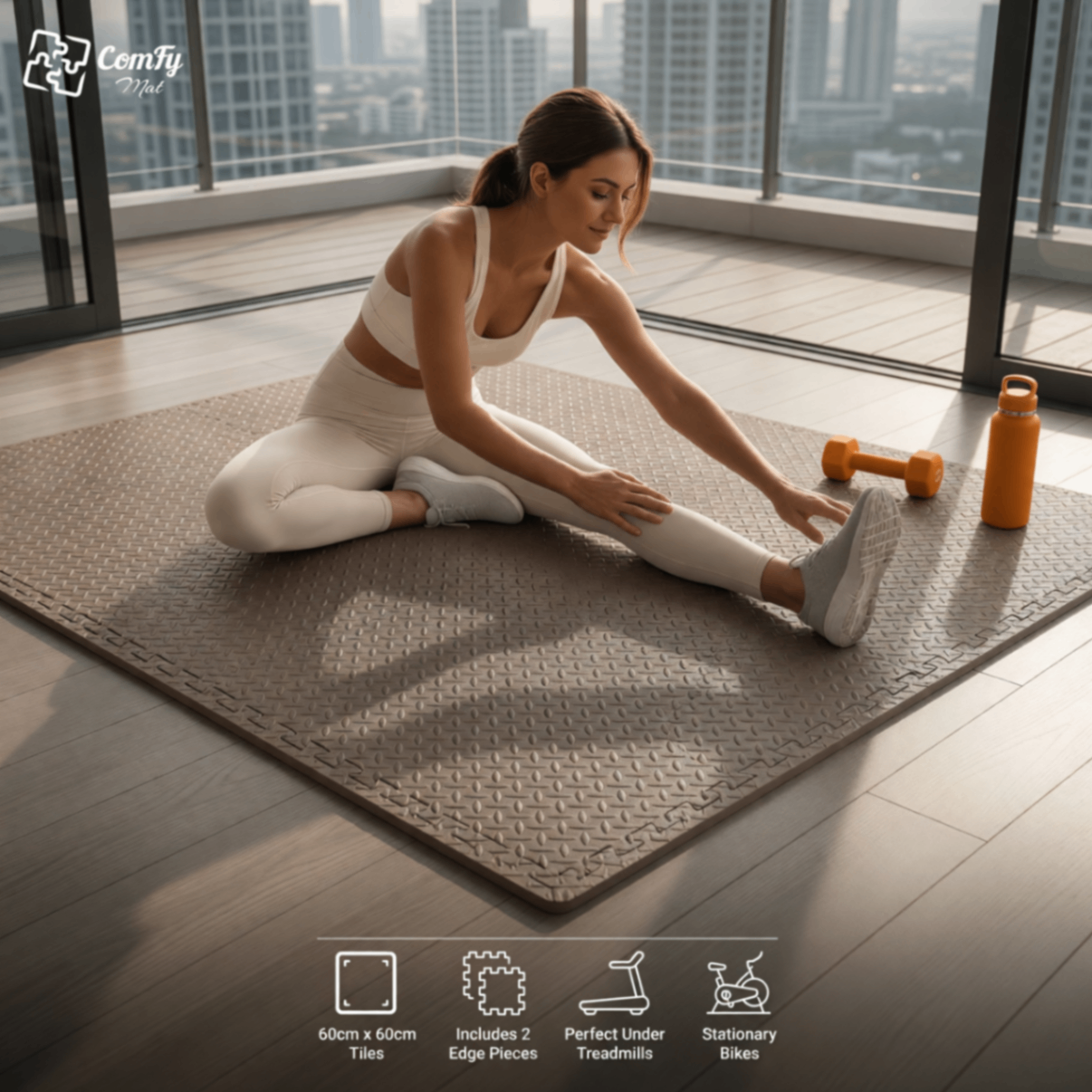 Woman stretching on a taupe ComFy mat