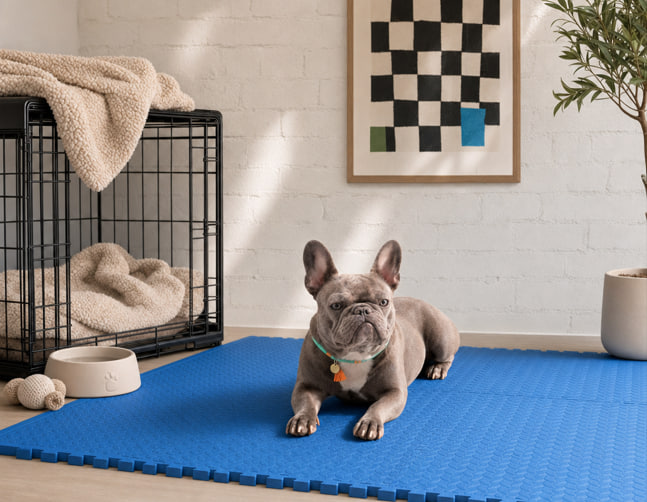 A French Bulldog resting on a ComFy interlocking foam mat