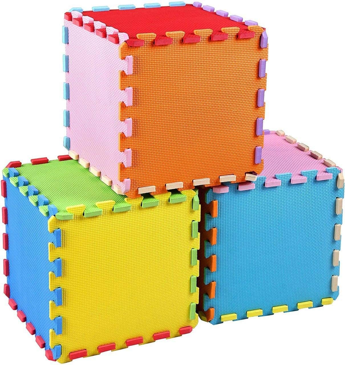 Colorful interlocking foam tiles assembled into cubes by children
