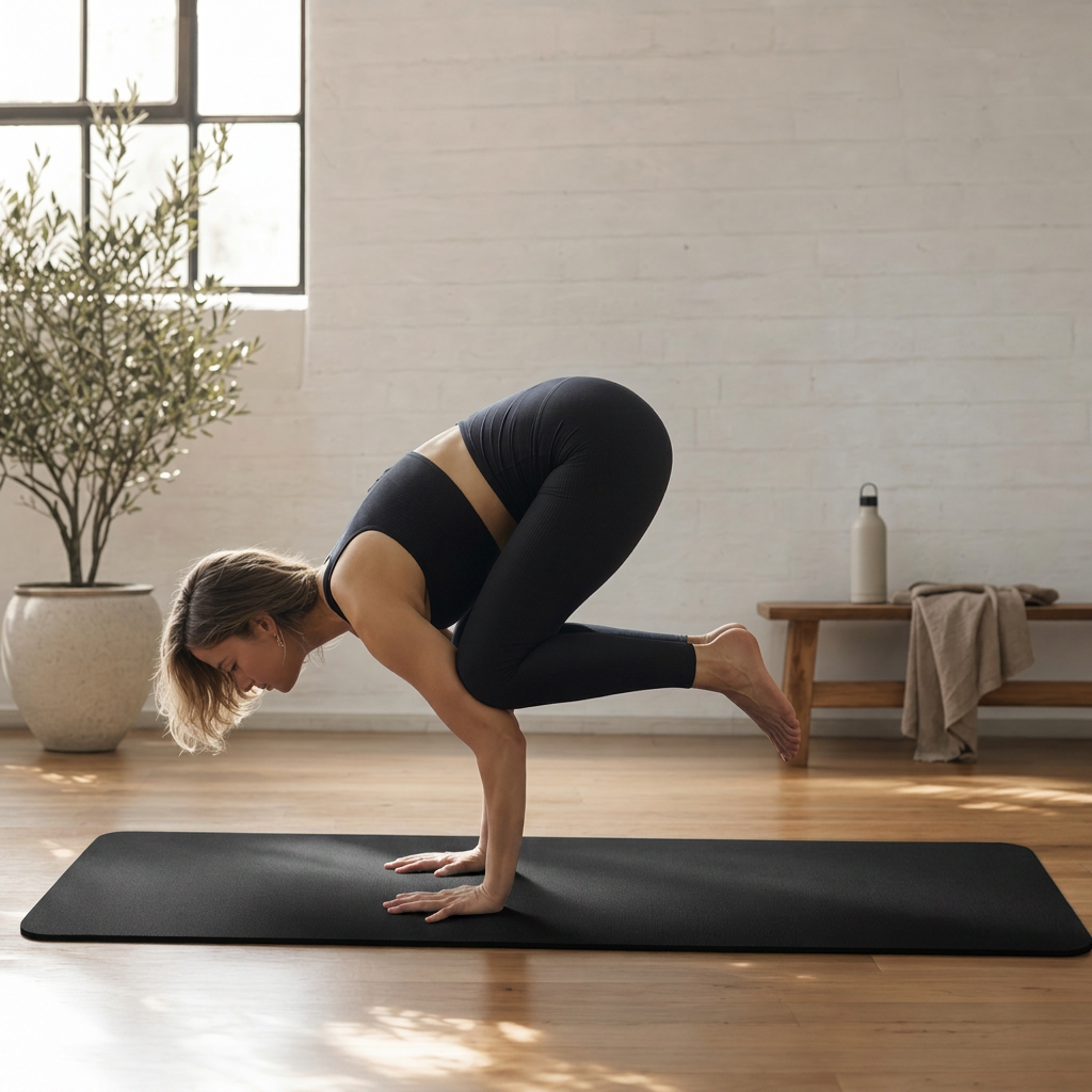 Woman balancing on a black yoga mat in a light-filled studio