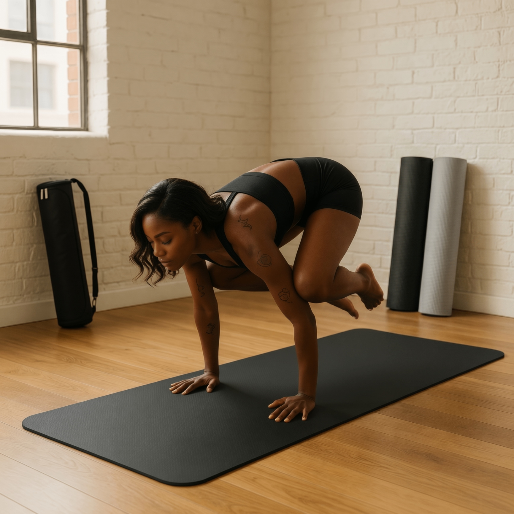 Woman in a bridge pose above a premium black and grey yoga mat